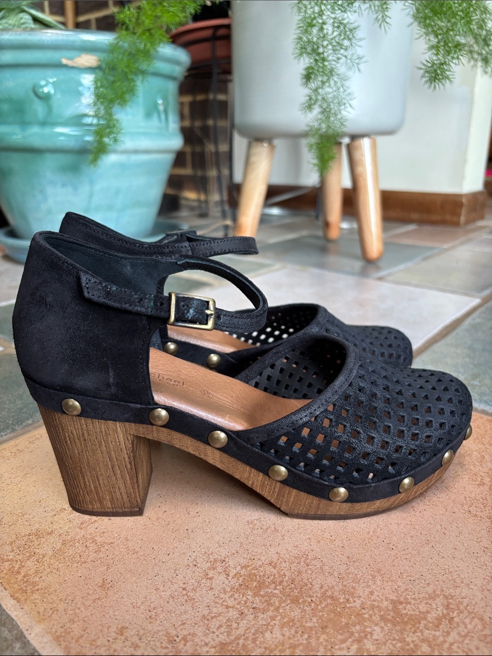 Eric Michael Gigi Black Suede Wooden Platform Clog.